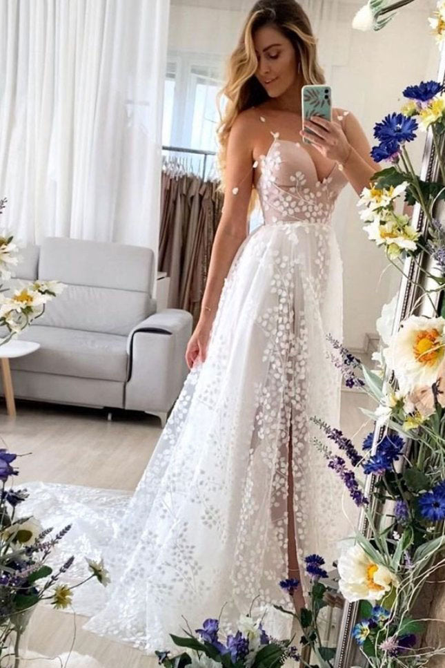straps v neck boho wedding dress with split boho lace bridal gown