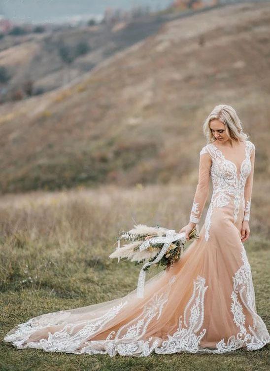 elegant long sleeves boho sheath wedding dress with appliques