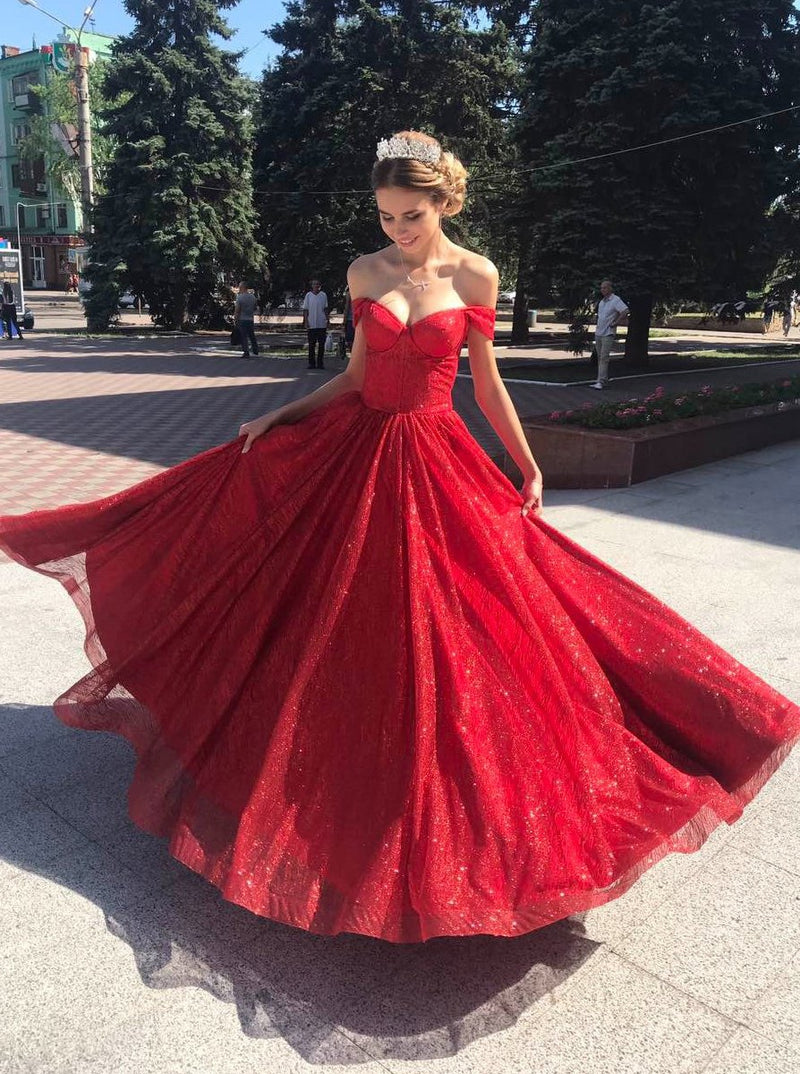 sparkly off shoulder red long prom dress sleeveless sequins evening dresses