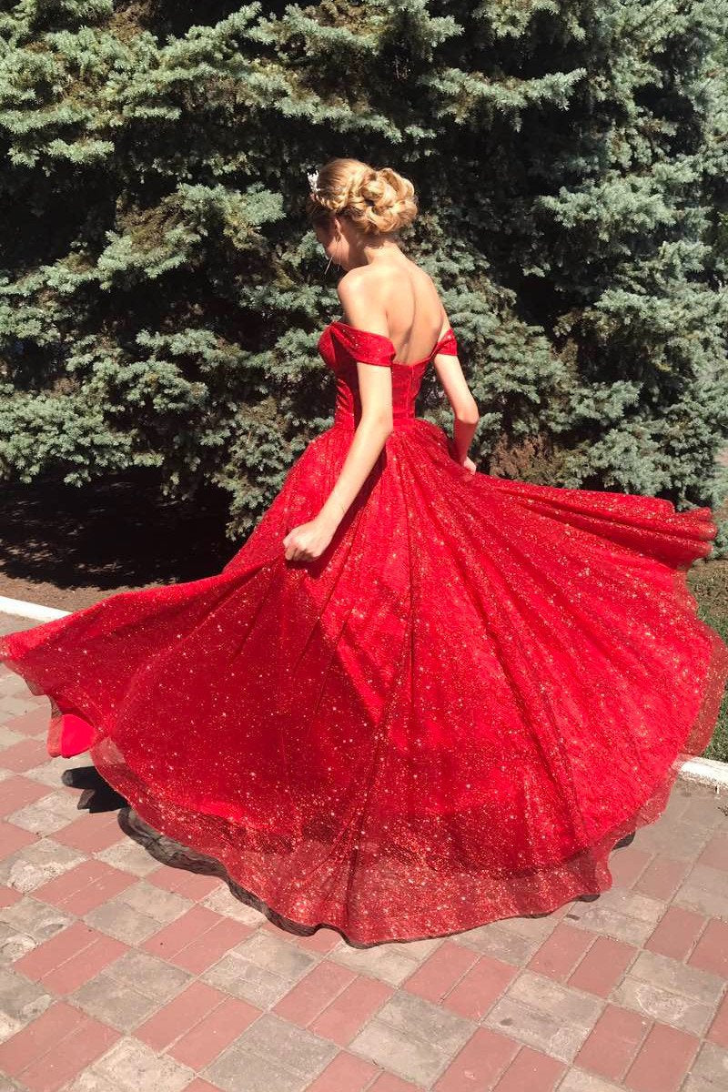 sparkly off shoulder red long prom dress sleeveless sequins evening dresses