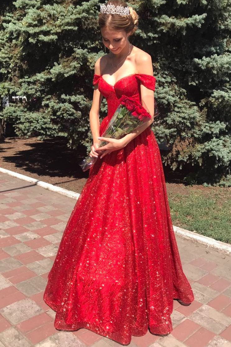 sparkly off shoulder red long prom dress sleeveless sequins evening dresses
