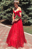 sparkly off shoulder red long prom dress sleeveless sequins evening dresses