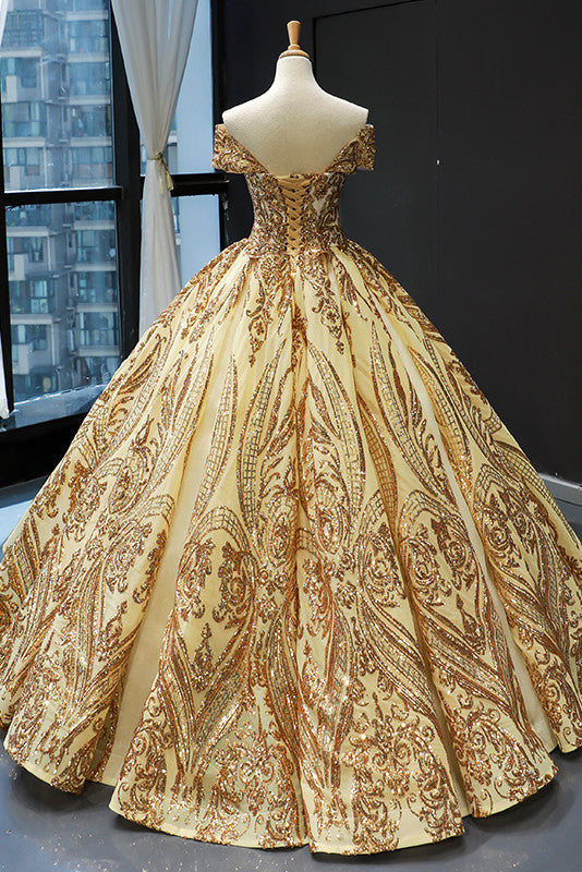 princess off the shoulder gold sequins prom dress ball gown