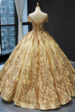 Princess Off-the-Shoulder Gold Sequins Prom Dress Ball Gown MP271