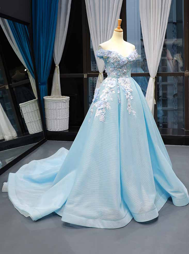 off the shoulder light blue prom dress 3d appliques quinceanera gown
