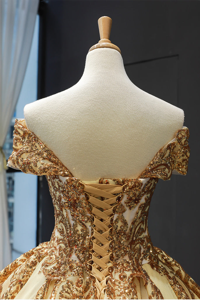 princess off the shoulder gold sequins prom dress ball gown