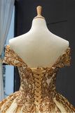 princess off the shoulder gold sequins prom dress ball gown