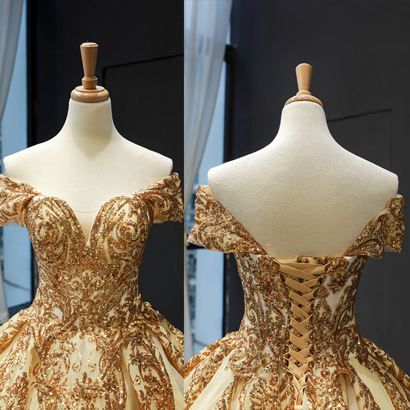princess off the shoulder gold sequins prom dress ball gown