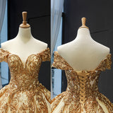 princess off the shoulder gold sequins prom dress ball gown