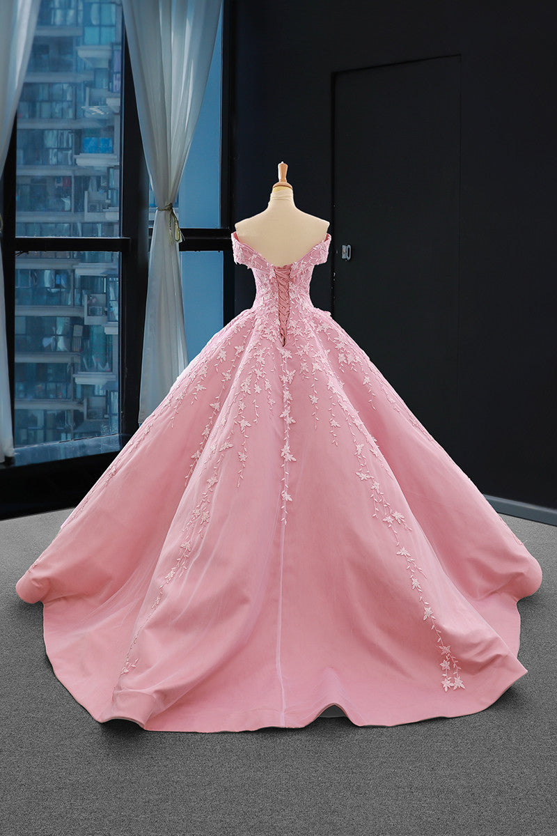 princess pink ball gown off the shoulder appliques prom dress