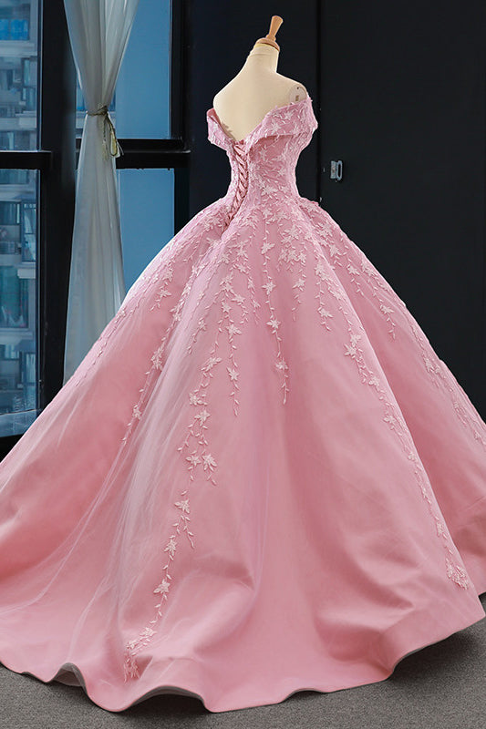 princess pink ball gown off the shoulder appliques prom dress
