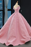 princess pink ball gown off the shoulder appliques prom dress