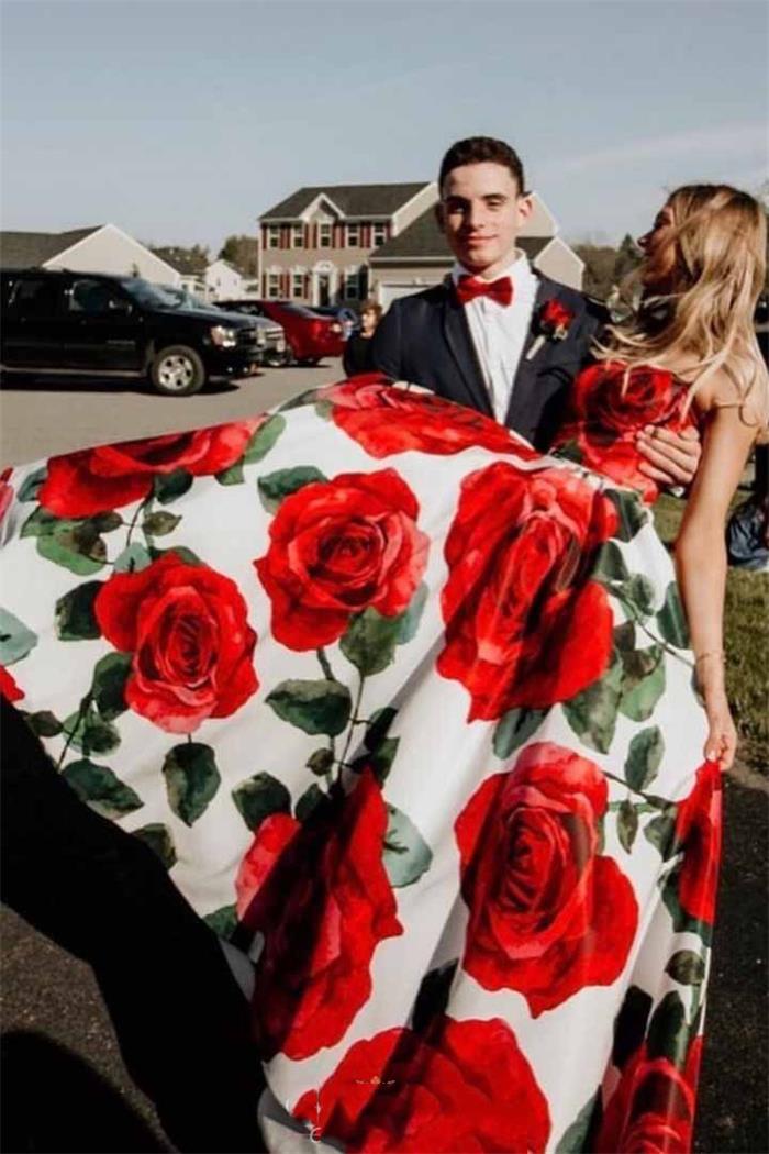 elegant strapless rose floral print long prom dresses