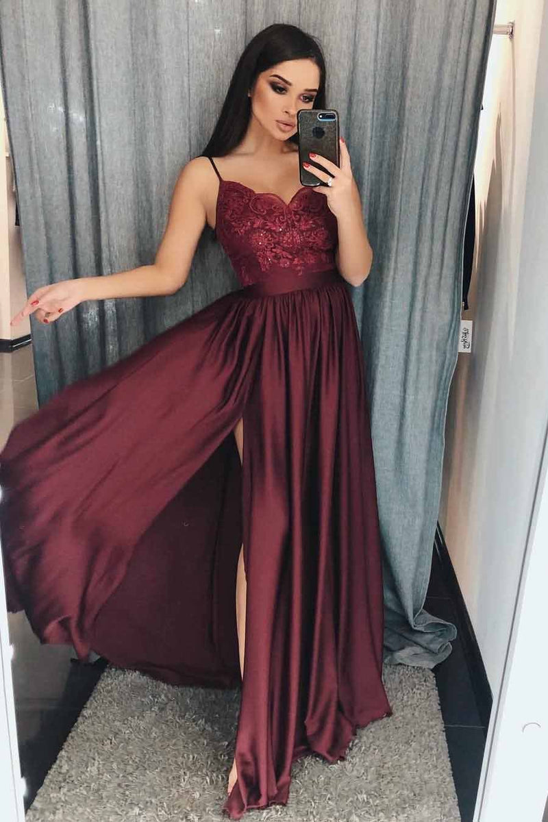 long burgundy prom dresses spaghetti a line appliques with slit
