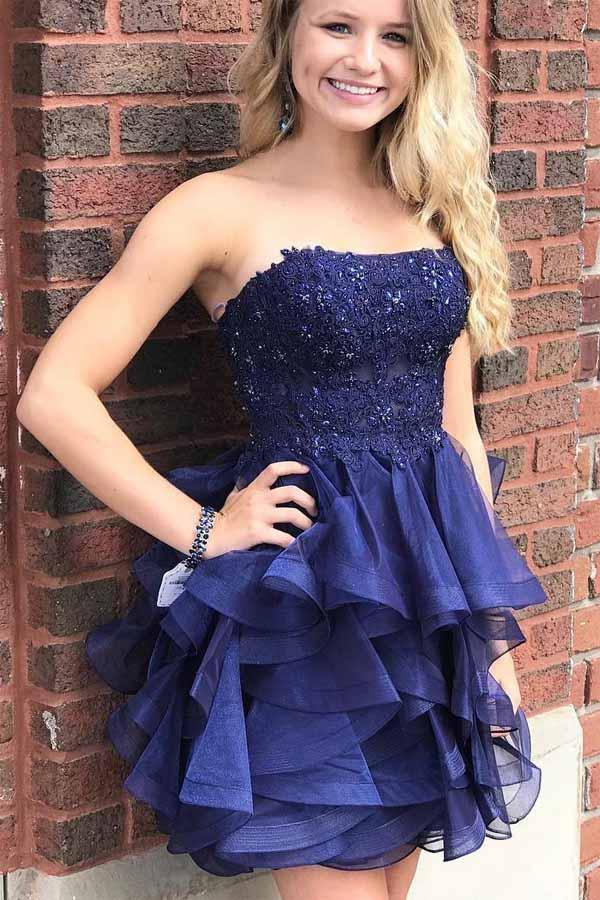 navy blue homecoming dress a line strapless short prom dress