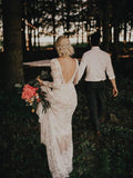 lace boho wedding dress long sleeve backless sheath bridal gown