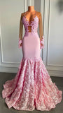 pink long sleeves lace tulle prom dresses appliques mermaid evening formal gown