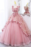 princess pink tulle long prom dresses ball gown flowers quinceanera dress