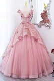 princess pink tulle long prom dresses ball gown flowers quinceanera dress