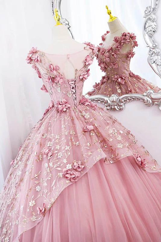 princess pink tulle long prom dresses ball gown flowers quinceanera dress