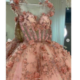 pink 3d flower see through tulle puffy ball gowns quinceanera dresses