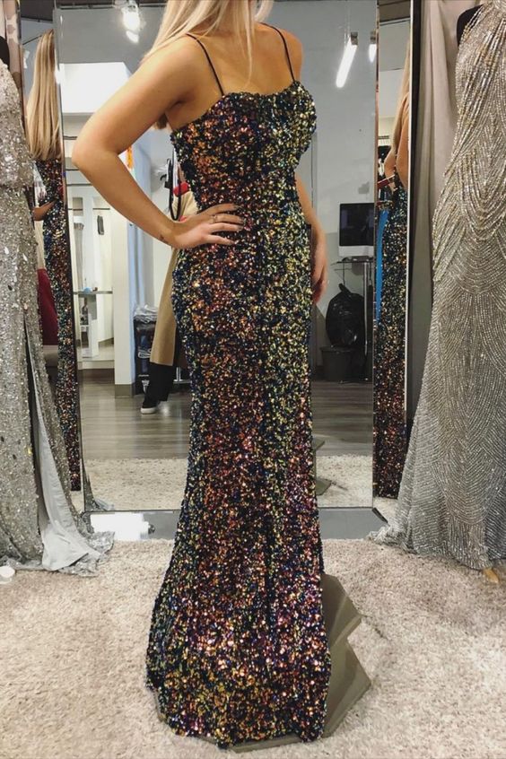 sparkly straps sequined black prom dress long mermaid formal dress