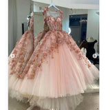 pink 3d flower see through tulle puffy ball gowns quinceanera dresses