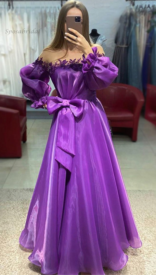 off shoulder long sleeves purple long prom dress with bowknot