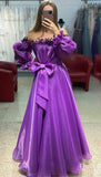 off shoulder long sleeves purple long prom dress with bowknot