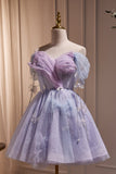 purple tulle off the shoulder homecoming dress short prom gown with butterfly