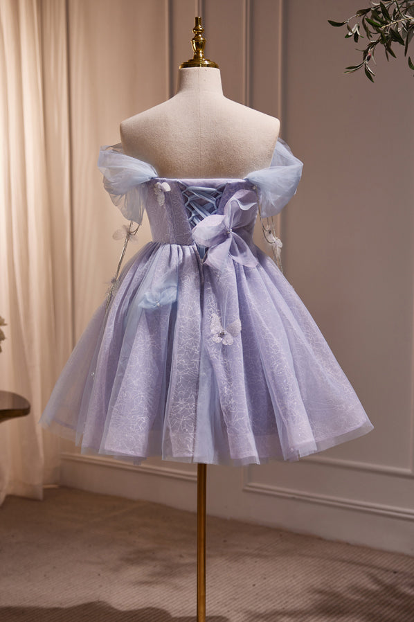 purple tulle off the shoulder homecoming dress short prom gown with butterfly