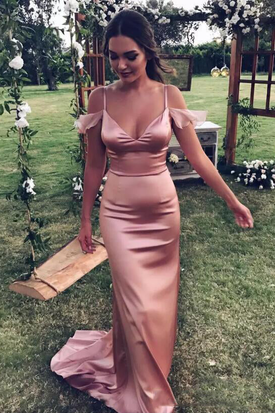 spaghetti straps satin sheath drop sleeves rose gold long prom dress