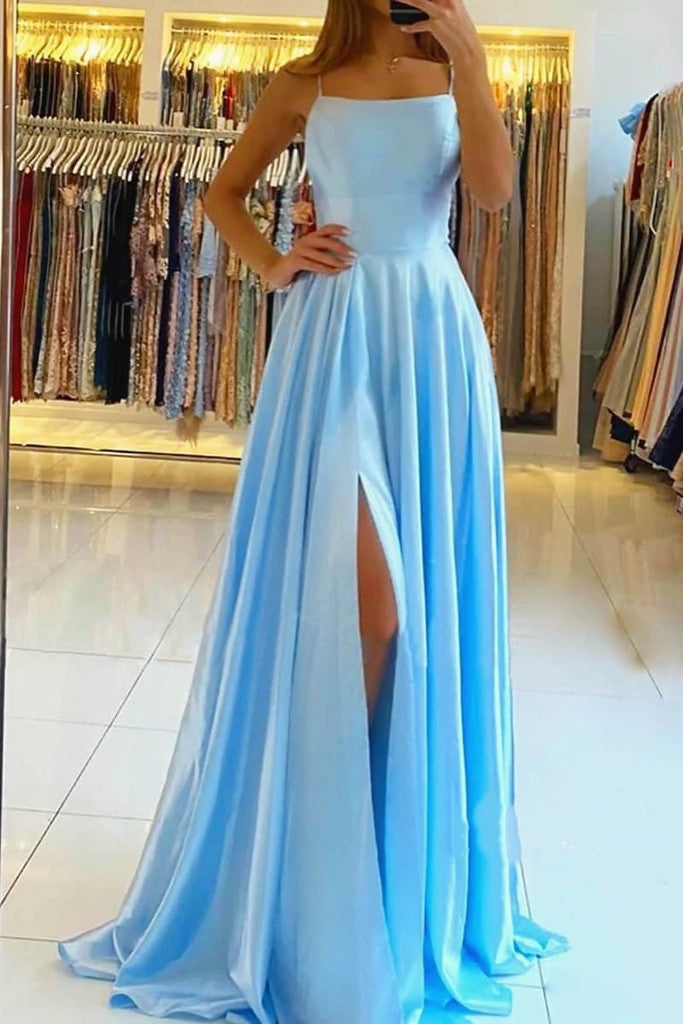 simple a line long prom dresses with slit backless evening dress