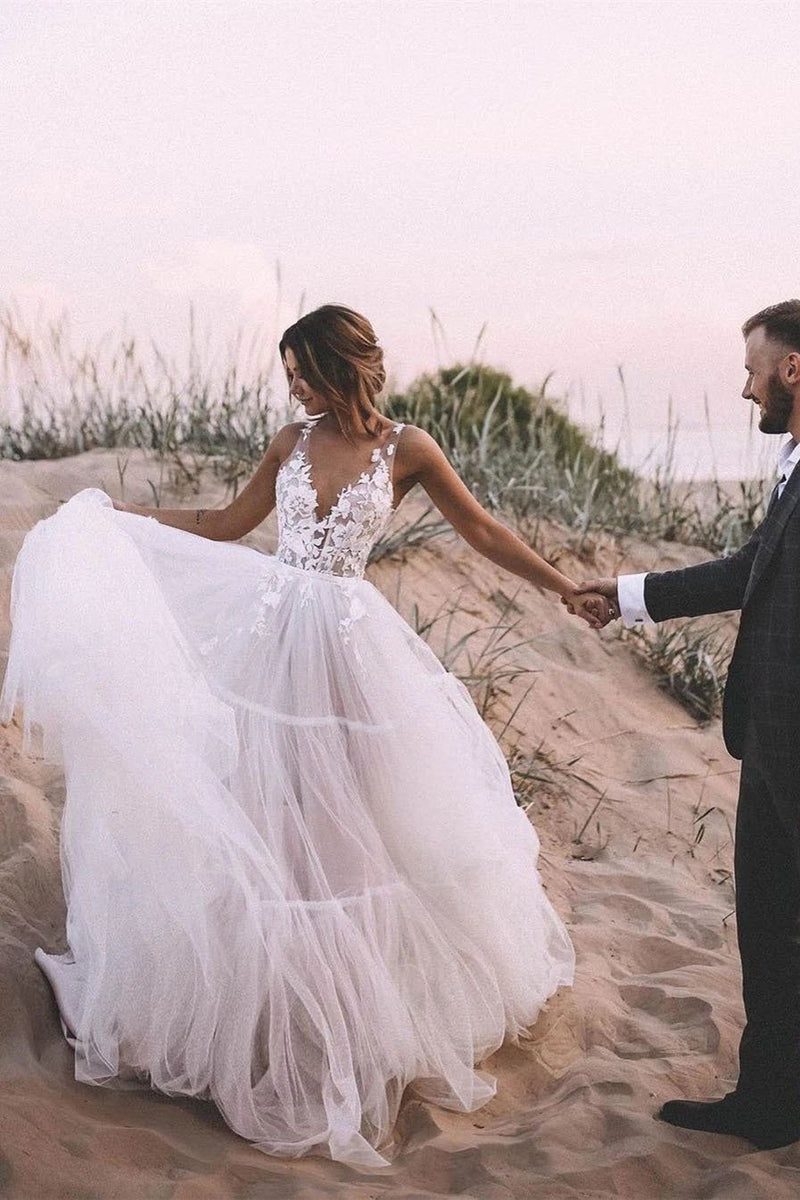 popular a line v neck tulle beach wedding dresses with appliqued