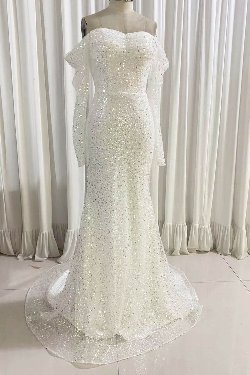 ivory long sleeves mermaid sequined prom dress sparkly long wedding dresses