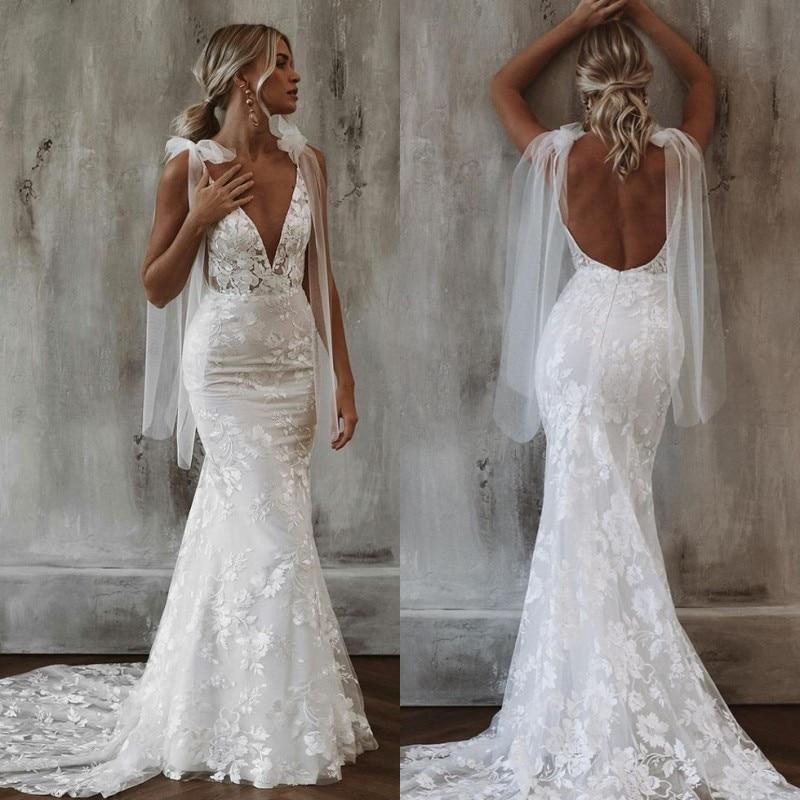 backless bohemian mermaid lace wedding dress bridal gown