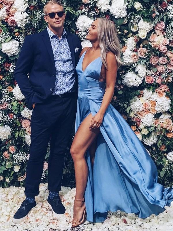 simple a line v neck blue long prom dress slit evening dress