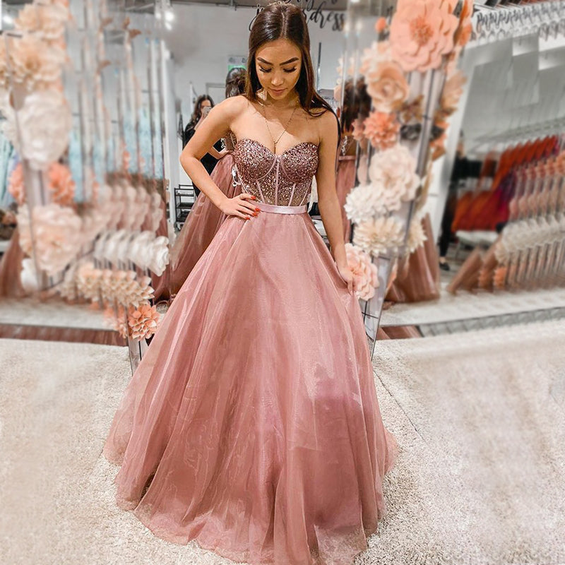 dusty pink sweetheart beaded top a line long prom dress strapless formal gown
