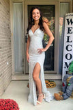 v neck straps sequined mermaid prom dresses long slit evening dresses