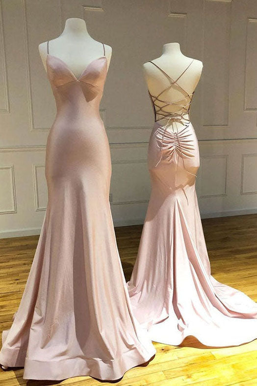 pink spaghetti straps mermaid long prom dress simple formal gown uqp0125