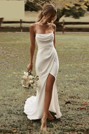 ivory spaghetti straps sheath beach wedding dresses simple slit wedding dress