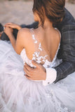popular a line v neck tulle beach wedding dresses with appliqued