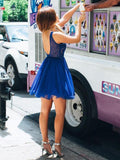 royal blue v neck short tulle plus size sleeveless prom dress