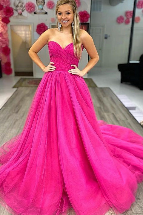 sweetheart hot pink tulle long prom dresses simple formal dresses