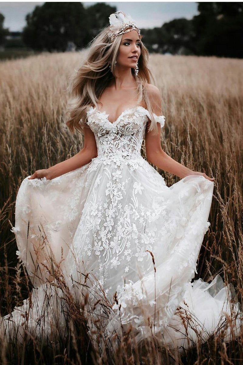 charm off the shoulder lace appplique beach rustic wedding dress