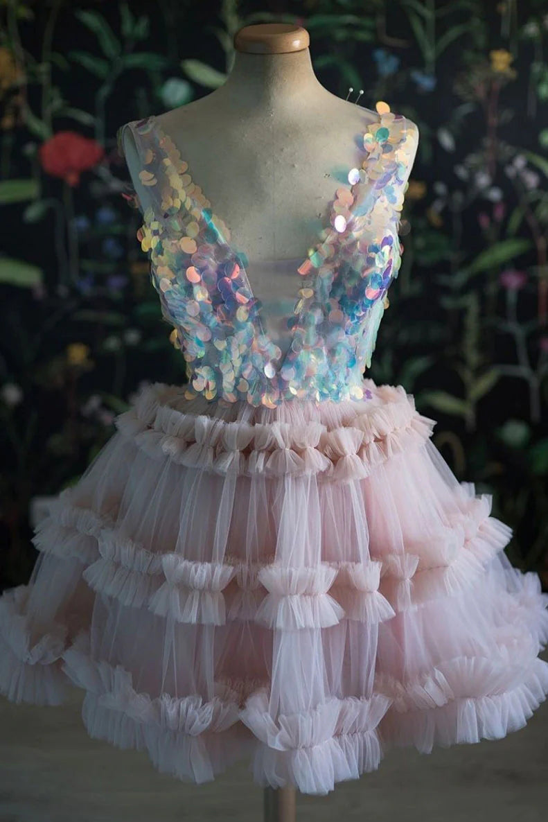 sequins bodice pink tulle homecoming dress v neck sweet 16 dresses