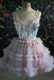 Sequins Bodice Pink Tulle Homecoming Dress V Neck Sweet 16 Dresses GM552