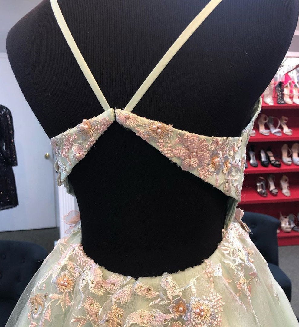 mint green short homecoming dress with appliques tulle graduation dress