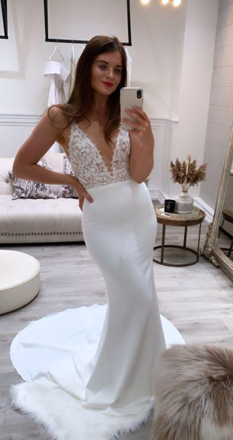 lace ivory sheath v neck sleeveless v back wedding dresses