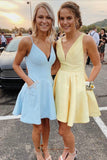 a line short sky blue homecoming dress with beaded pockets cute short graudation dresses